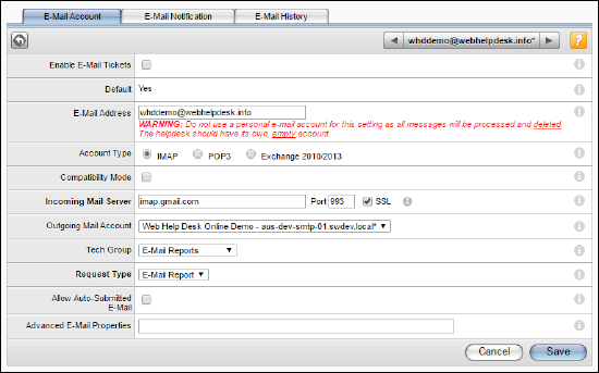 Error when sending email from Web Help Desk